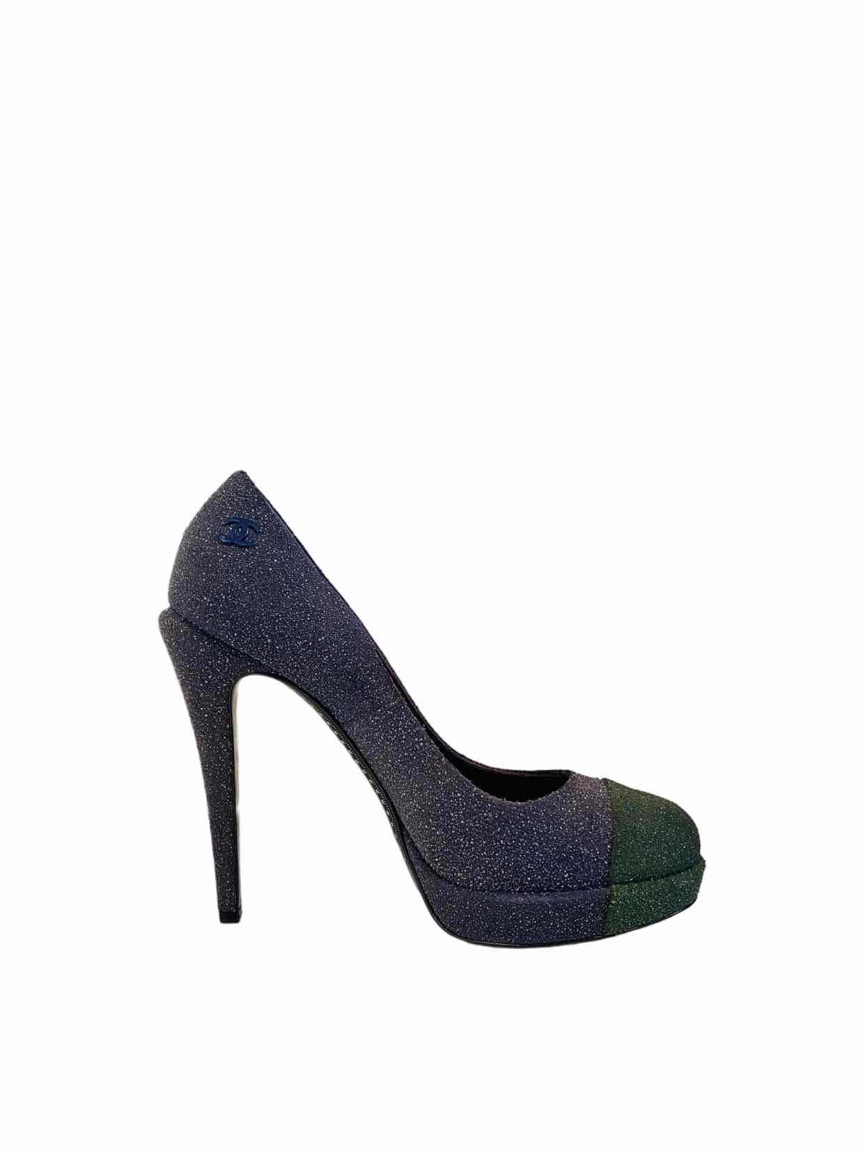 CHANEL Blue & Green Cap Toe Pumps 38.5