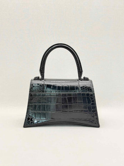 BALENCIAGA Hourglass Black Croc Embossed Top Handle
