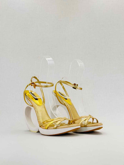 LOUIS VUITTON Gold & White Size EU 38.5 Heeled Sandals