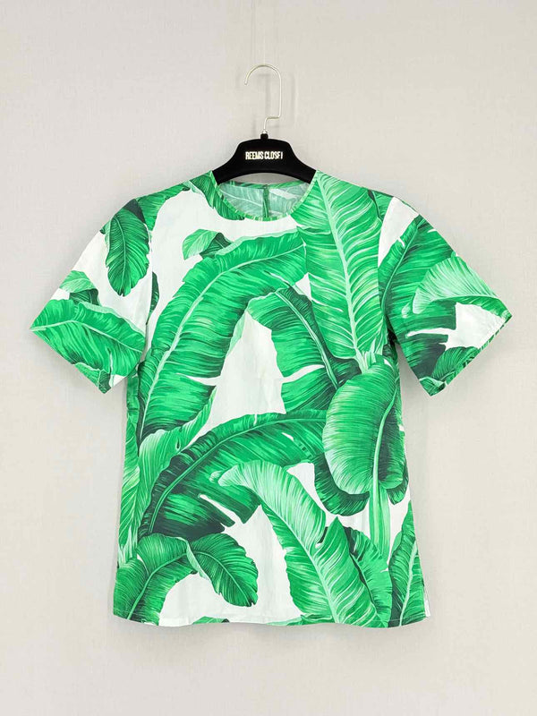 DOLCE & GABBANA White & Green Leaf Print Size US 0 Top