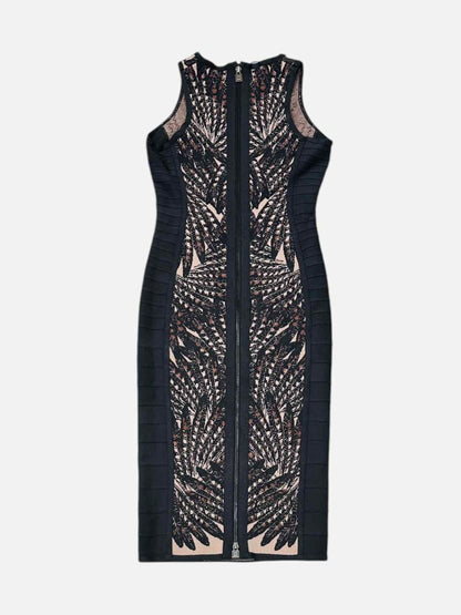 HERVE LEGER Vivien Grey & Beige Knee Length Dress