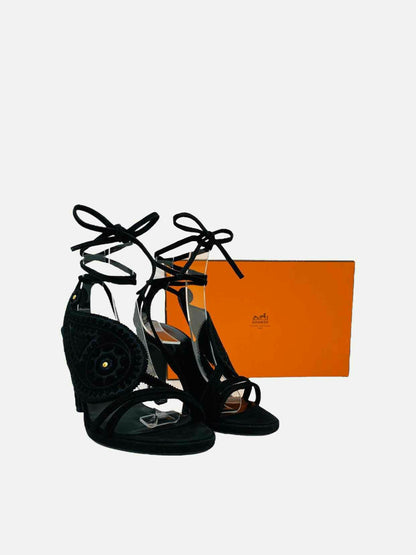 HERMES Paisley Boho Black Size EU 38.5 Heeled Sandals