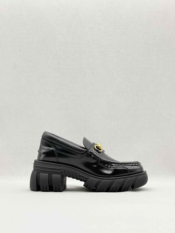 GUCCI Lug Sole Black Horsebit Size EU 37.5 Loafers