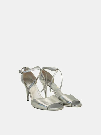 CHANEL Strappy Metallic Silver Heeled Sandals 41