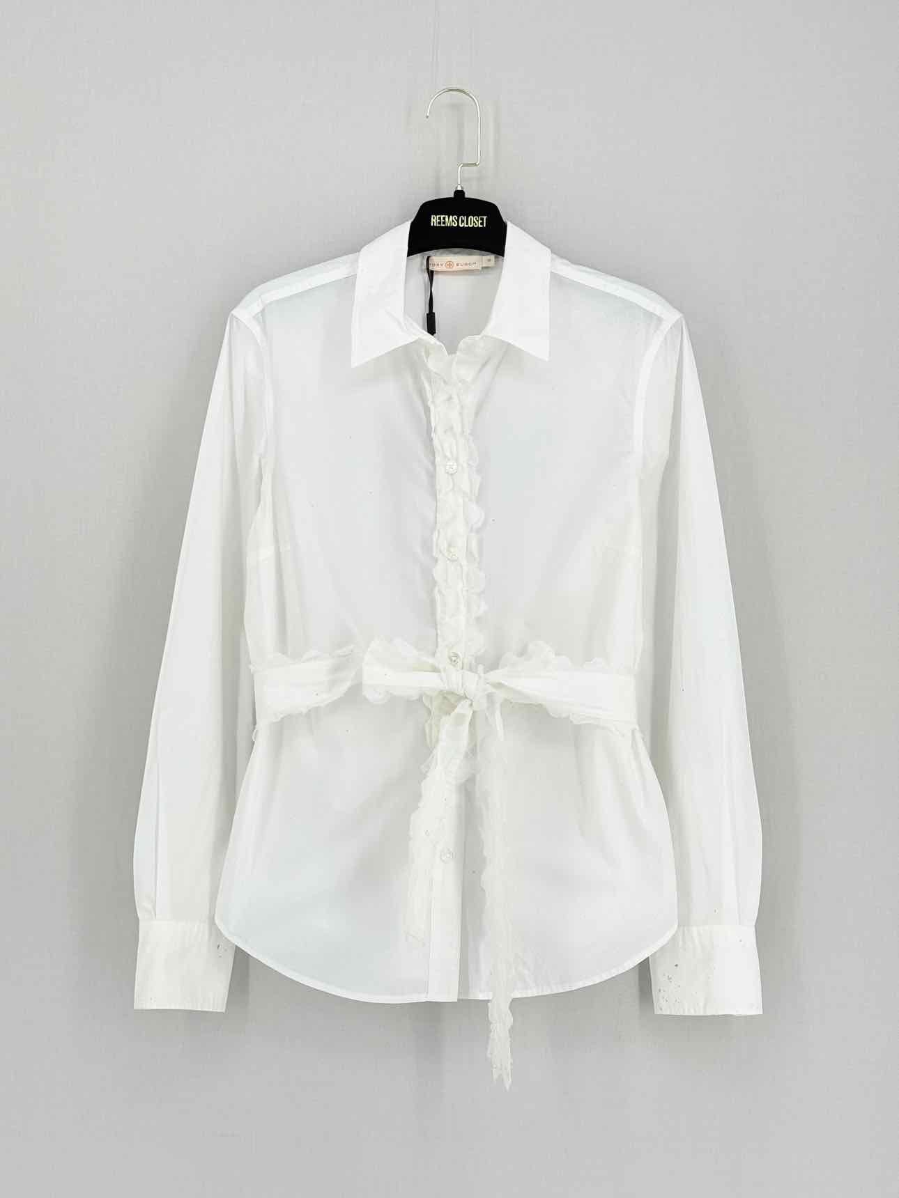 TORY BURCH White Ruffled Trim Size US 10 Shirt
