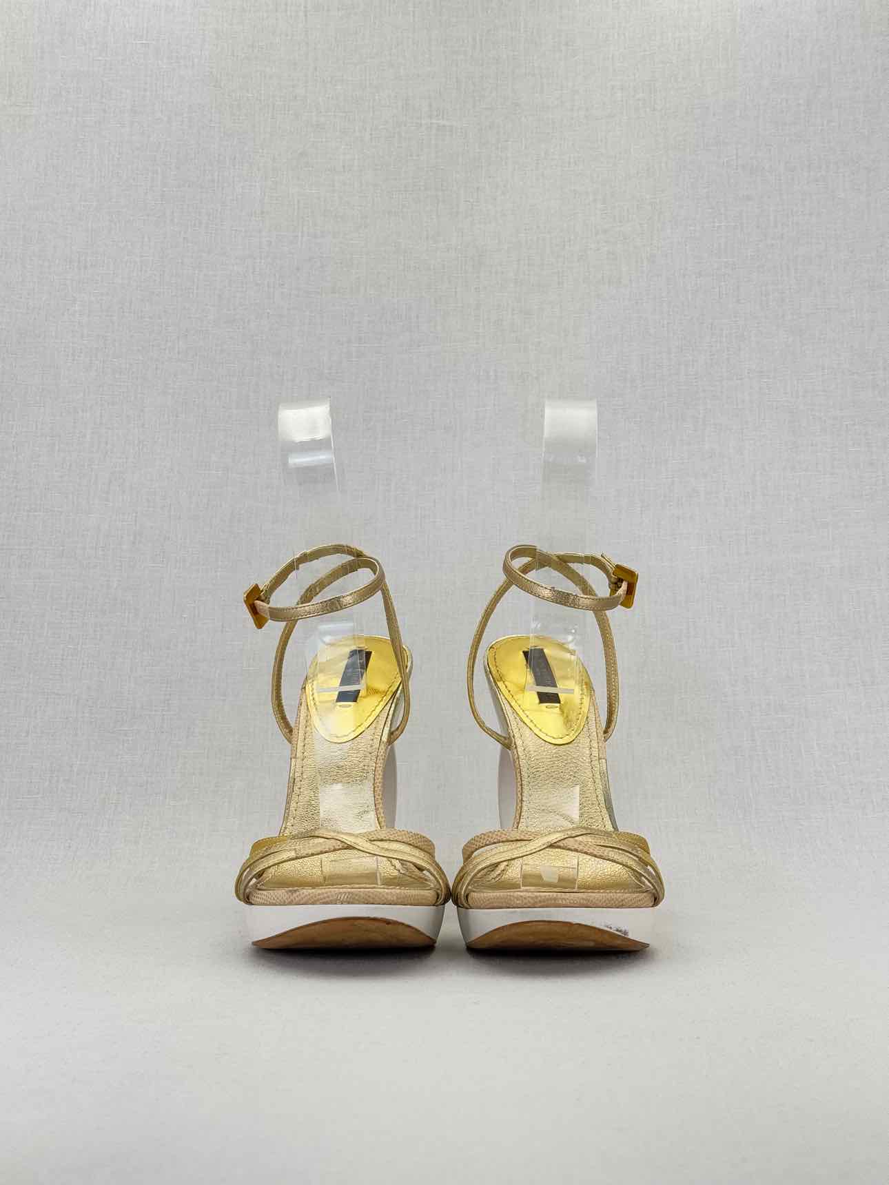 LOUIS VUITTON Gold & White Size EU 38.5 Heeled Sandals