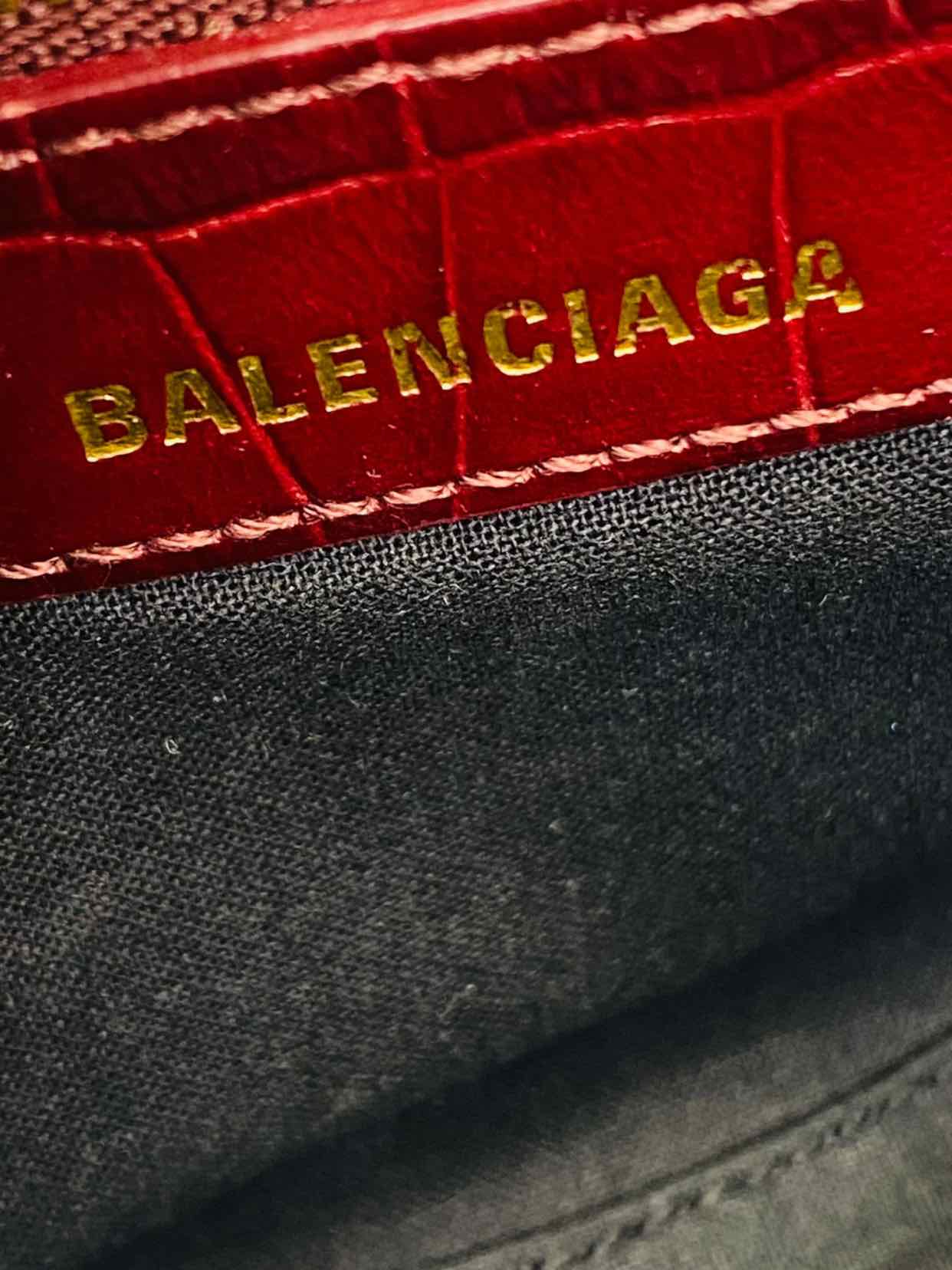 BALENCIAGA Cagole Burgundy Croc Embossed Leather Top Handle