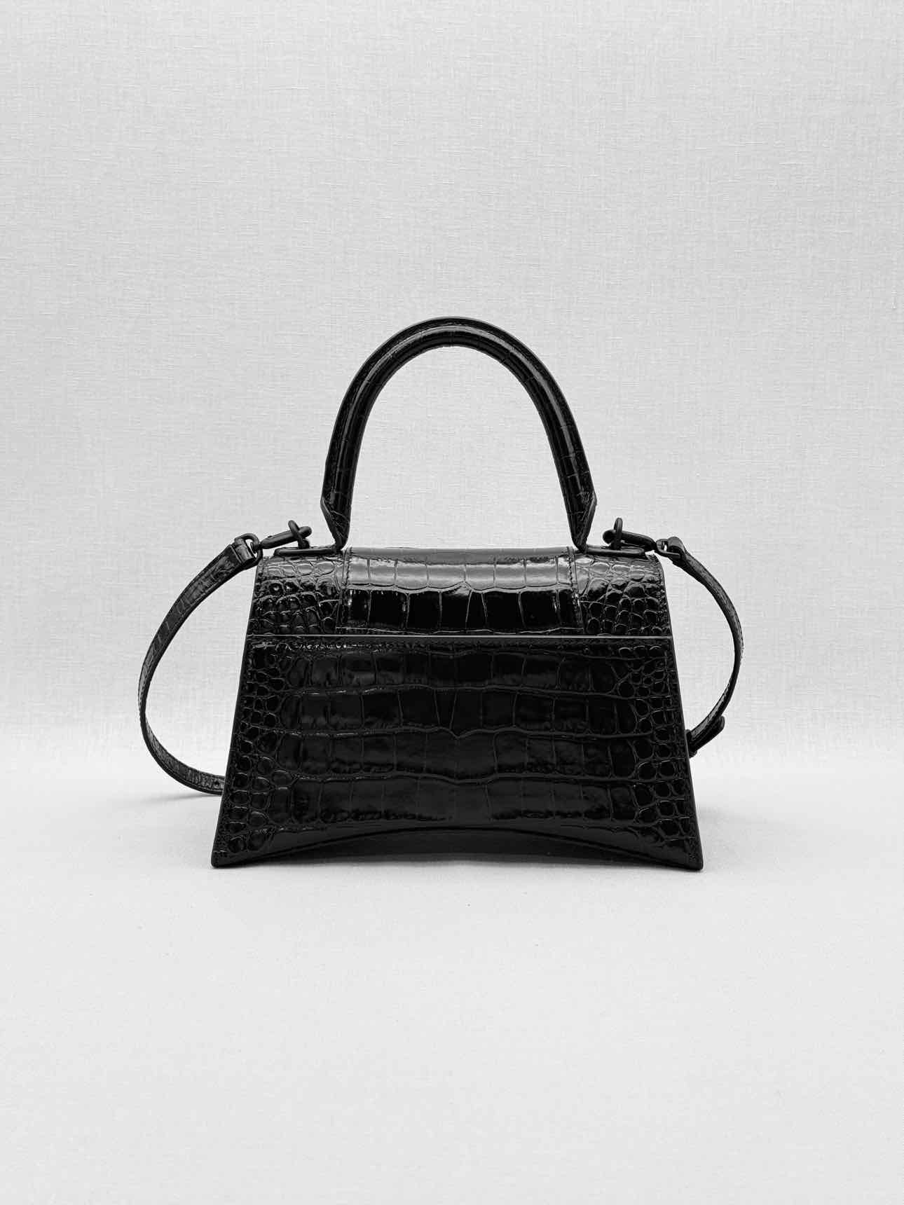 BALENCIAGA Hourglass Black Croc Embossed Top Handle