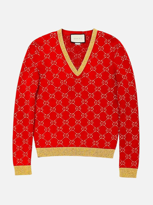 GUCCI Red & Gold GG Jacquard Knit Jumper