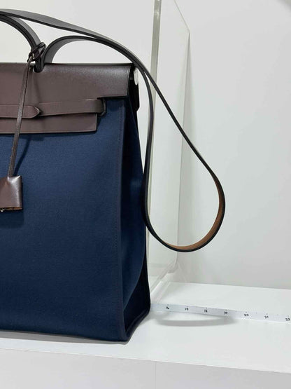 HERMES Herbag Zip Brown & Navy Blue Top Handle