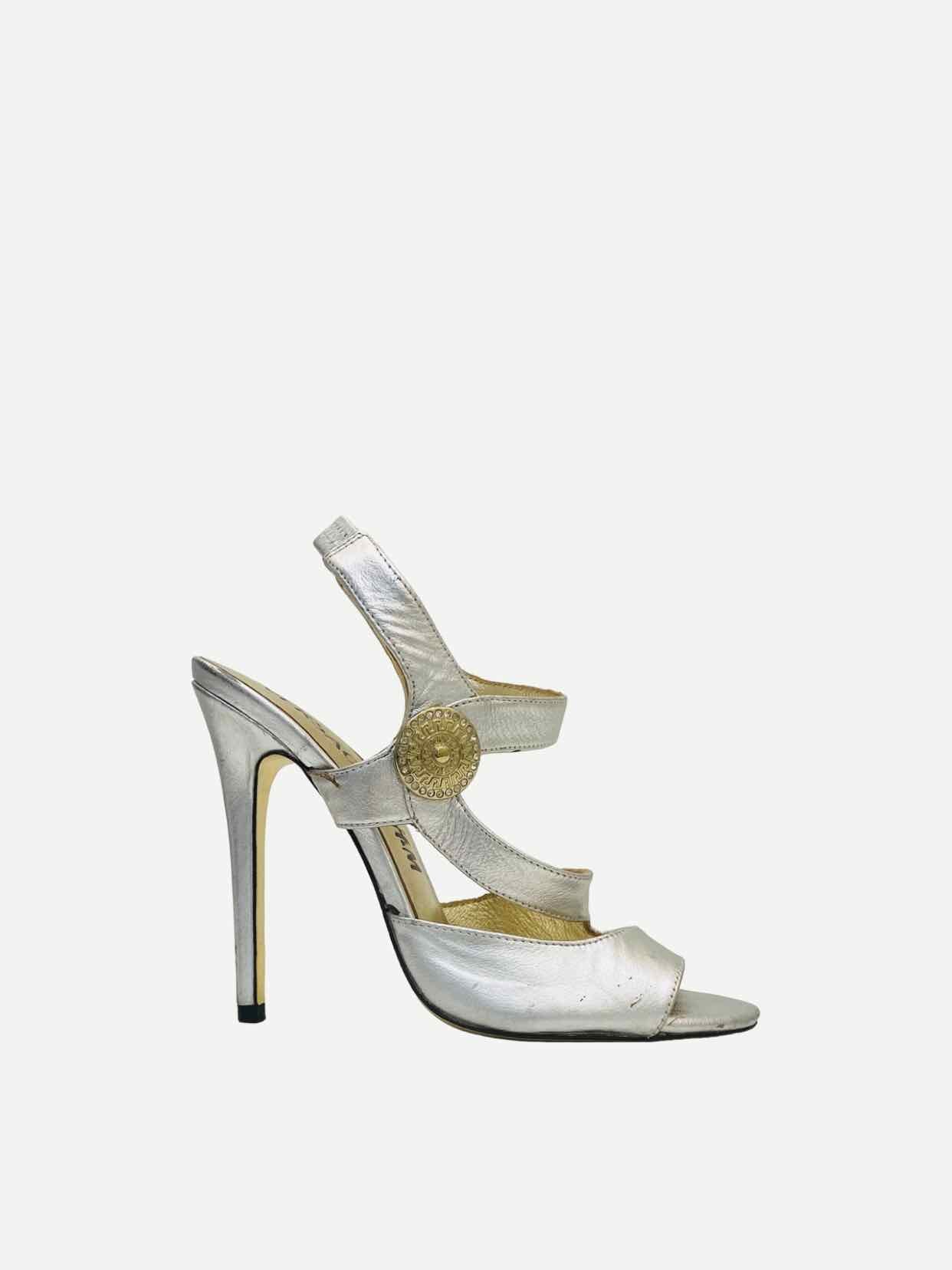 VERSACE Ankle Strap Metallic Silver Heeled Sandals 38