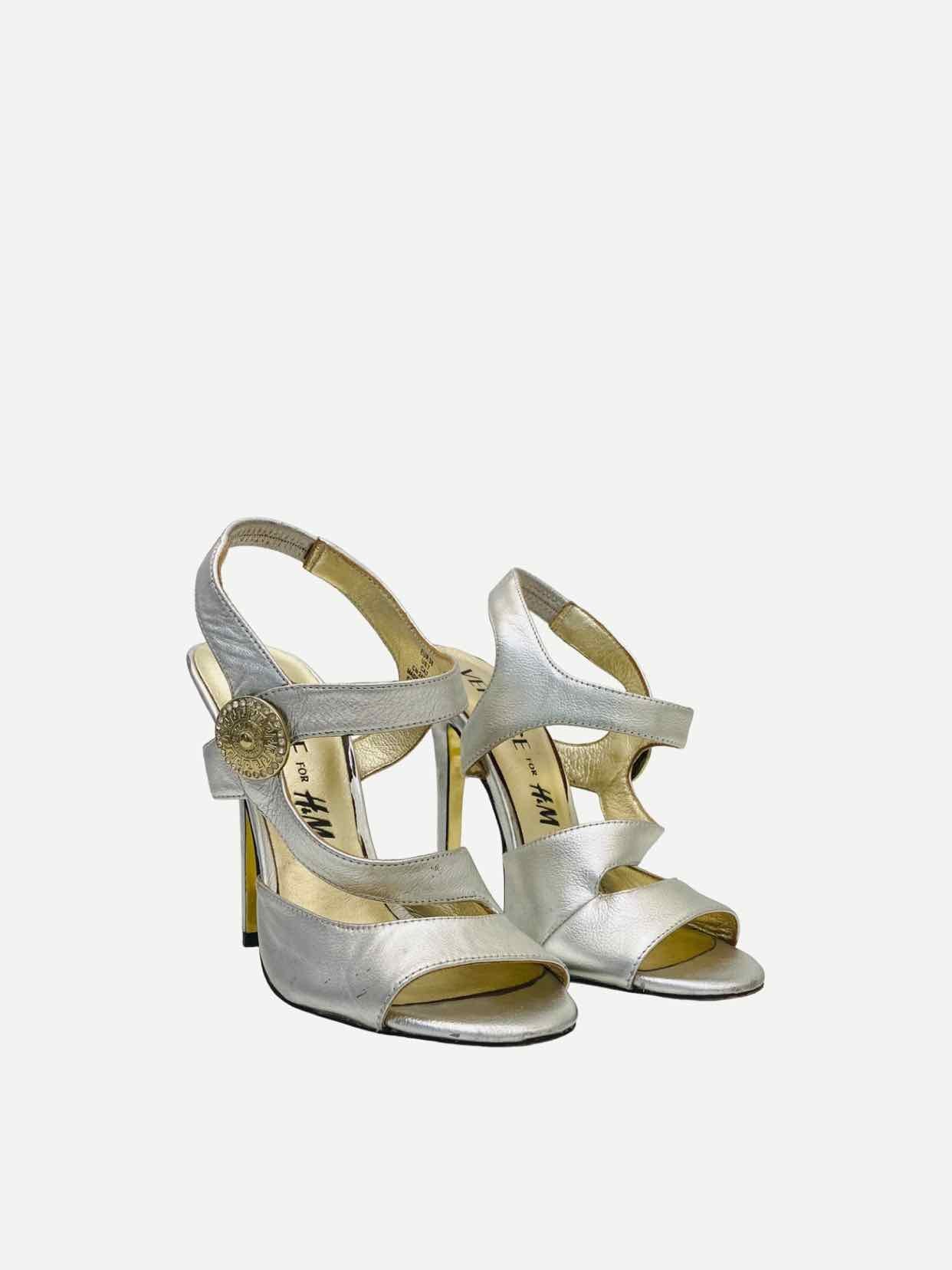 VERSACE Ankle Strap Metallic Silver Heeled Sandals 38