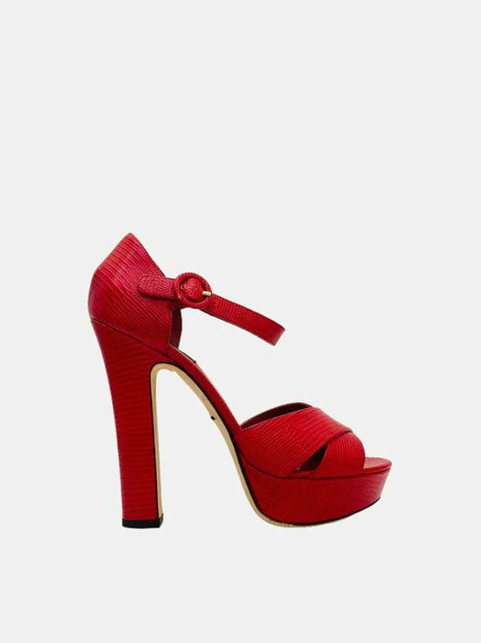 DOLCE & GABBANA Red Lizard Embossed Heeled Sandals