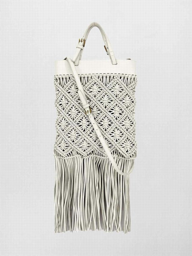 TORY BURCH Macrame Fringe Off-white Woven Crossbody