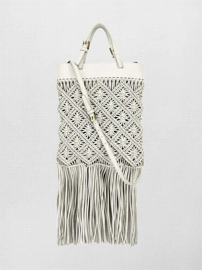 TORY BURCH Macrame Fringe Off-white Woven Crossbody