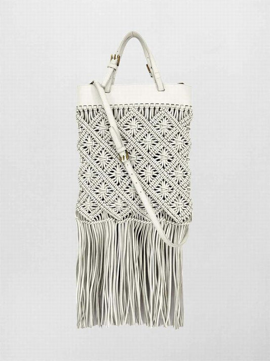 TORY BURCH Macrame Fringe Off-white Woven Crossbody