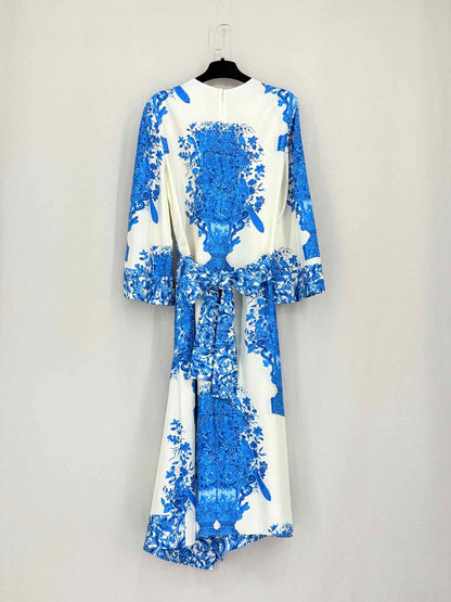 VALENTINO White & Blue Size US 4 Midi Dress