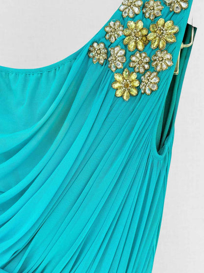 RAMONA COUTURE Turquoise Ruched Size US 4 Long Dress