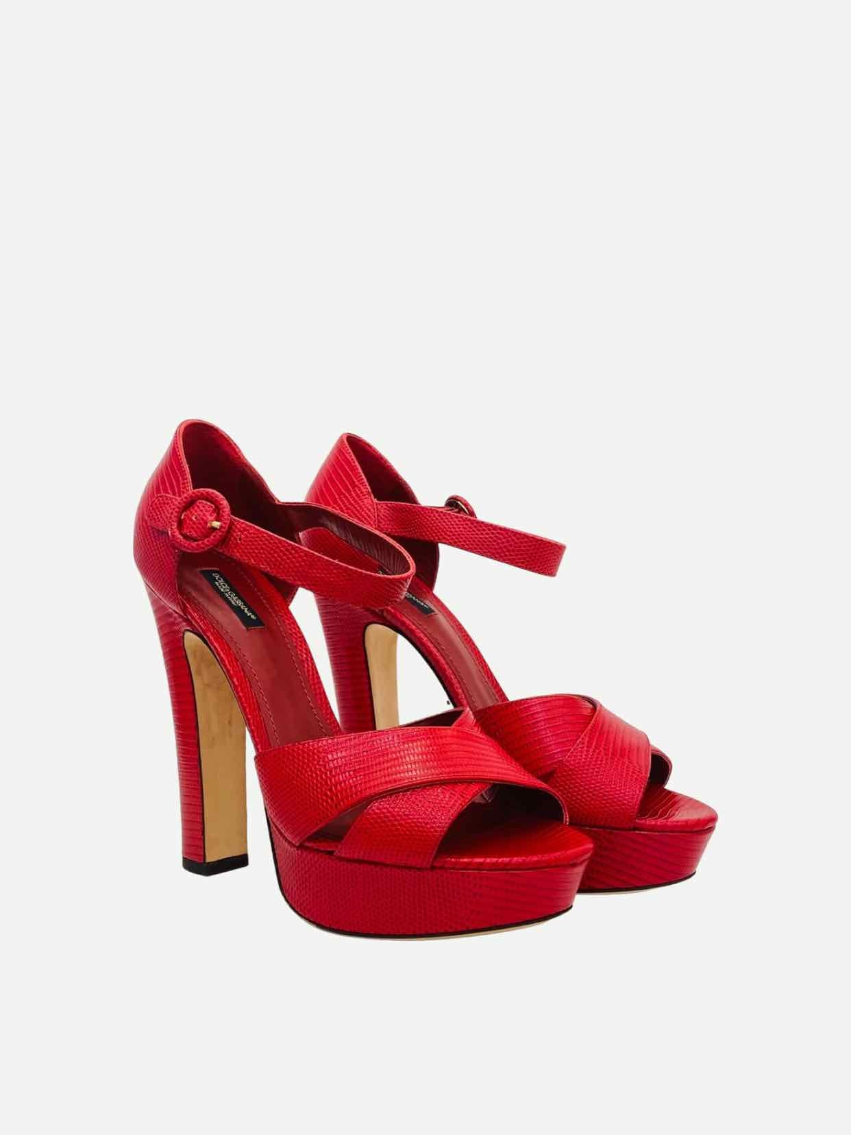 DOLCE & GABBANA Red Lizard Embossed Heeled Sandals