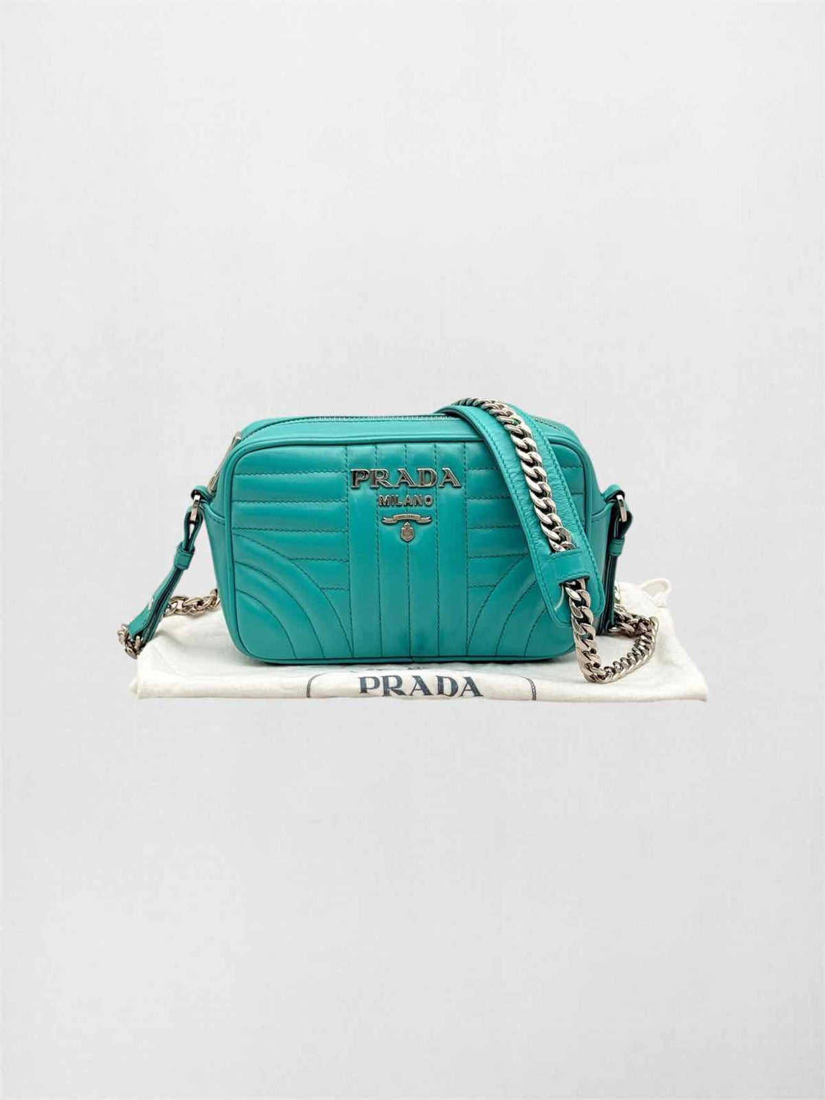 PRADA Diagramme Camera Turquoise Quilted Crossbody