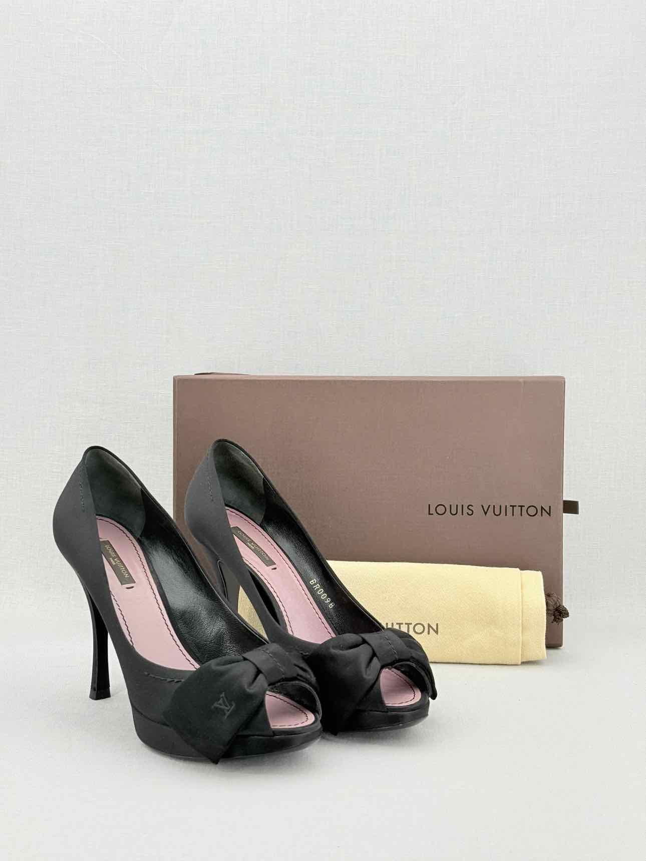 LOUIS VUITTON 95mm Open Toe Black Satin Pumps Size 37.5