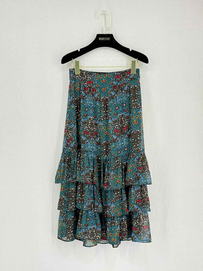 MAJE Green Multicolor Floral Print Size US 0 Midi Skirt