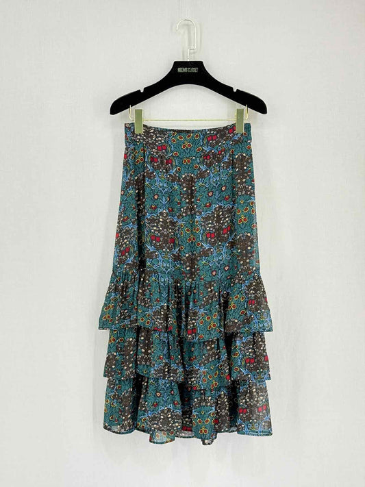MAJE Green Multicolor Floral Print Size US 0 Midi Skirt