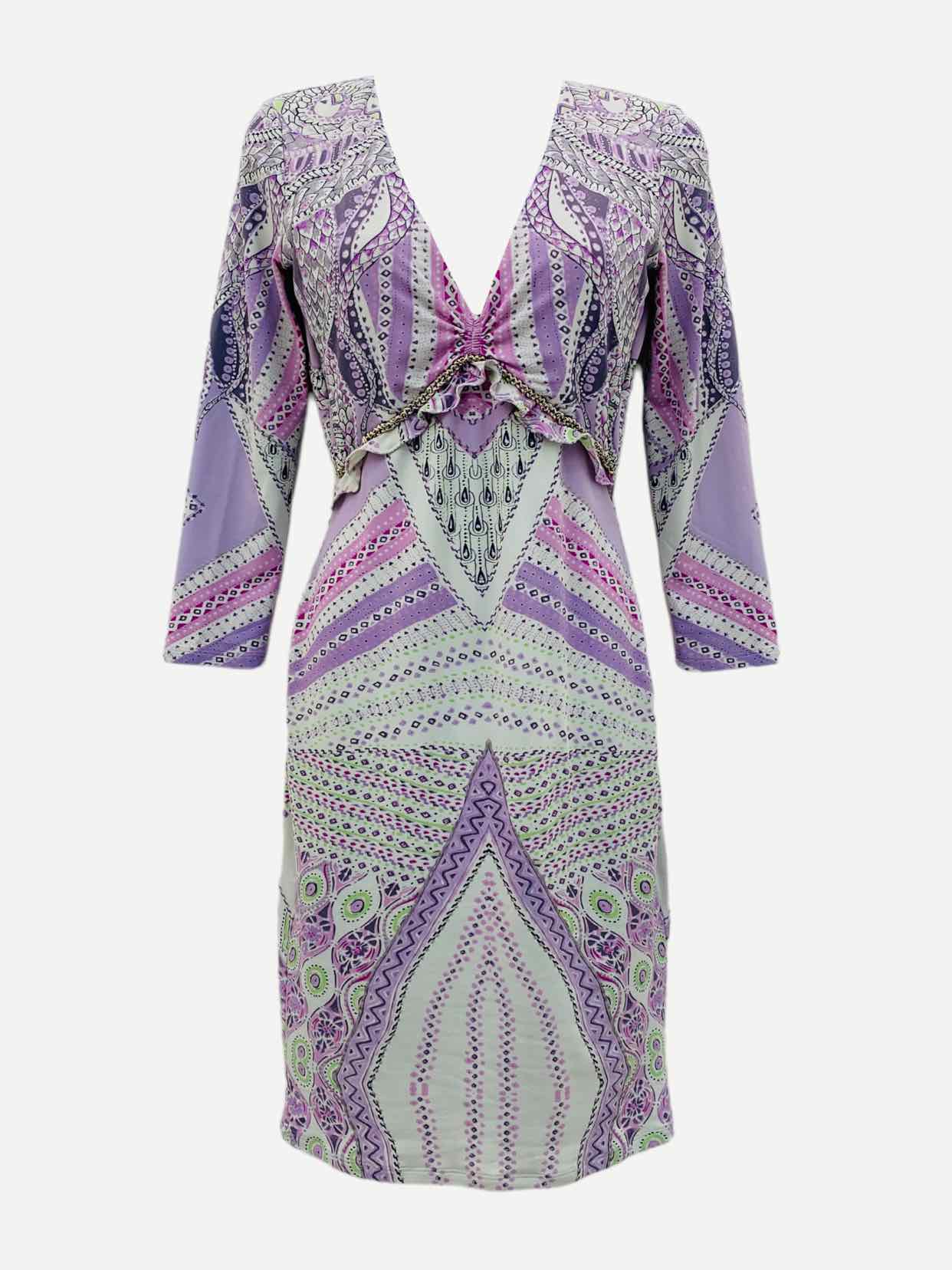 ROBERTO CAVALLI White w/ Purple Print Knee Length Dress