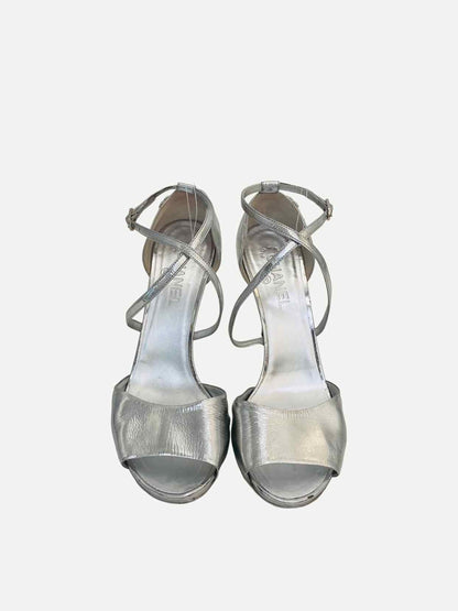 CHANEL Strappy Metallic Silver Heeled Sandals 41