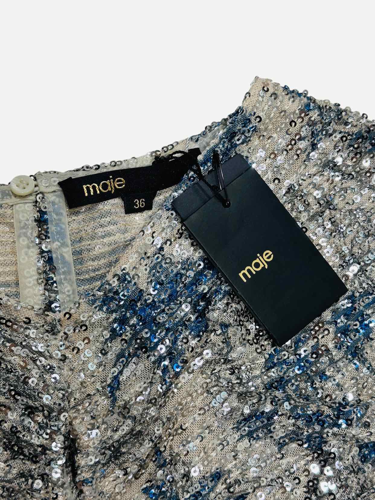 MAJE Ruched Off-white & Blue Size US 4 Short Dress