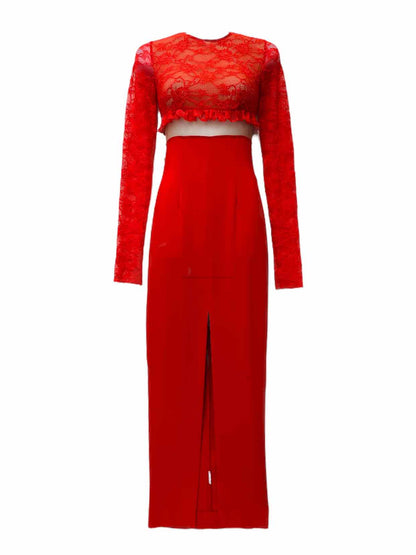 ALESSANDRA RICH Lace Top Red Evening Dress