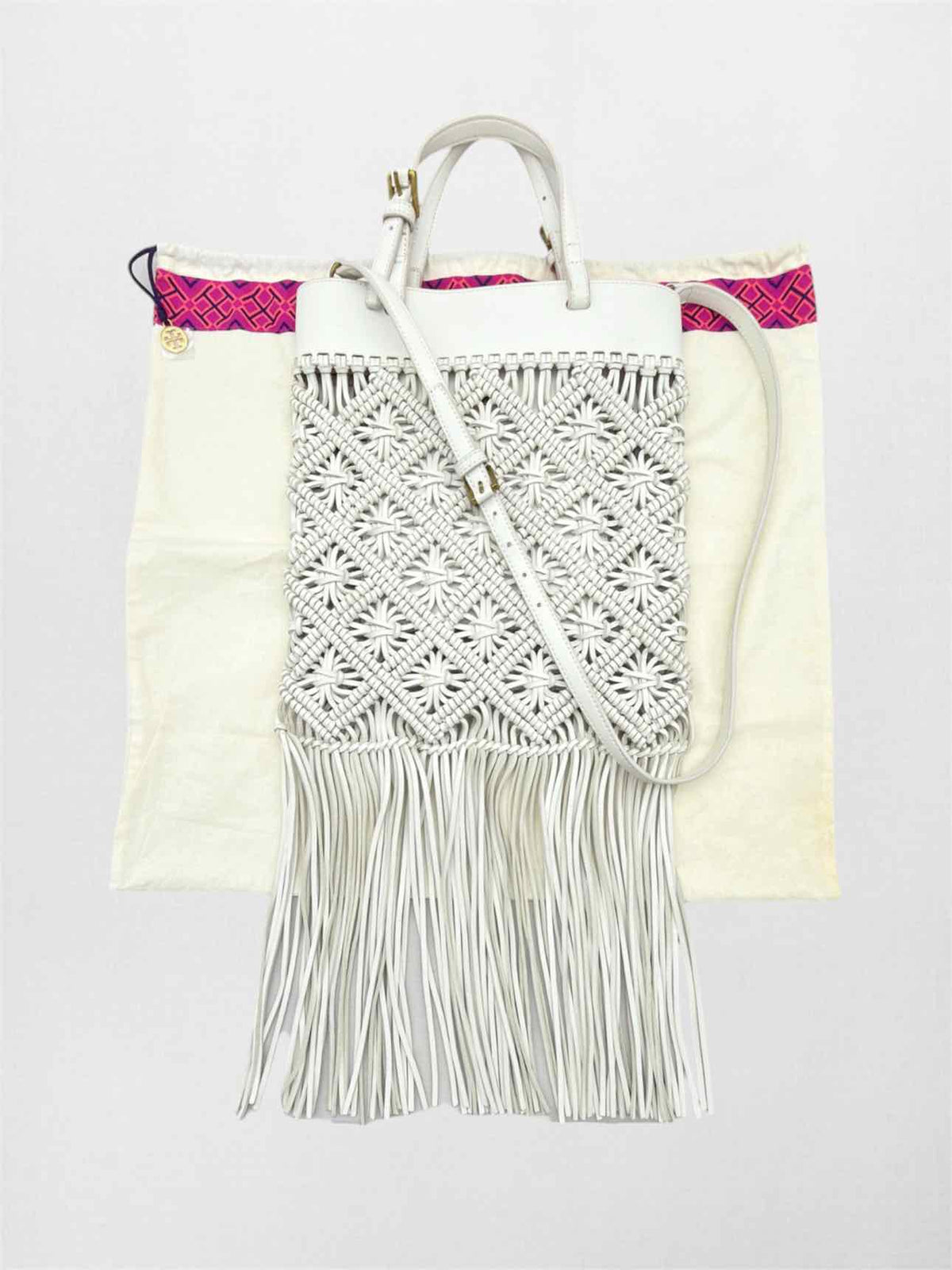 TORY BURCH Macrame Fringe Off-white Woven Crossbody