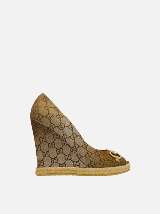 GUCCI Charlotte Horsebit Metallic Gold GG Wedges