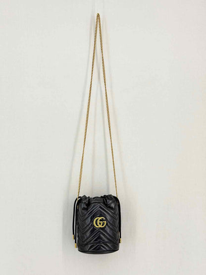 GUCCI GG Marmont Black Chevron Bucket Bag