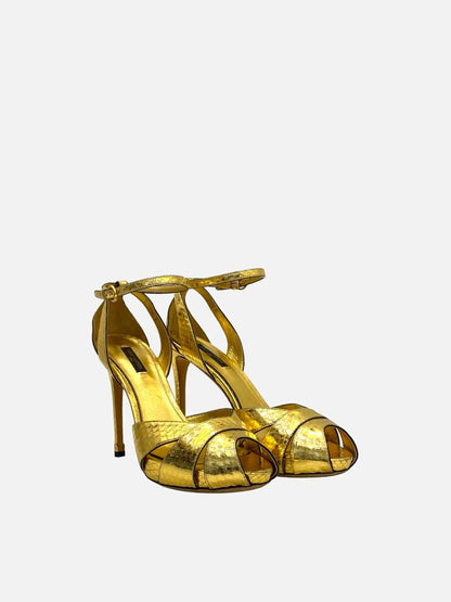 LOUIS VUITTON Ankle Strap Metallic Gold Heeled Sandals