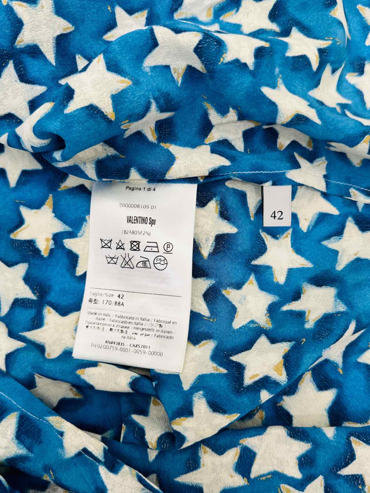 VALENTINO Neck Tie Blue & White Star Print Blouse