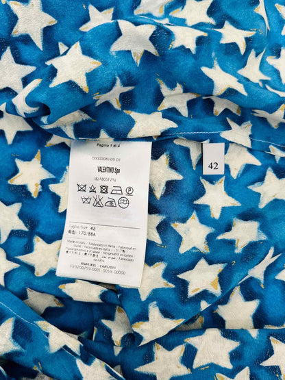 VALENTINO Neck Tie Blue & White Star Print Blouse