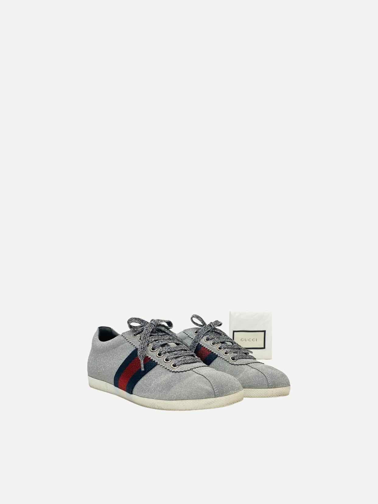 GUCCI Web Bambi Metallic Silver Glitter Sneakers 37