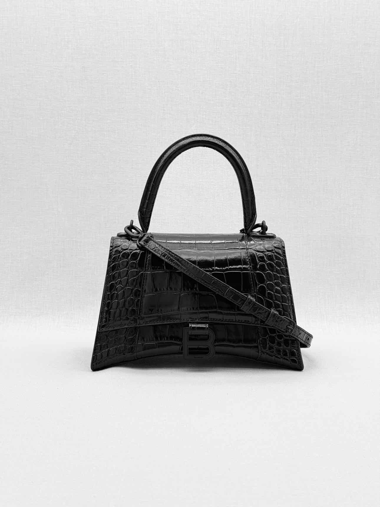 BALENCIAGA Hourglass Black Croc Embossed Top Handle
