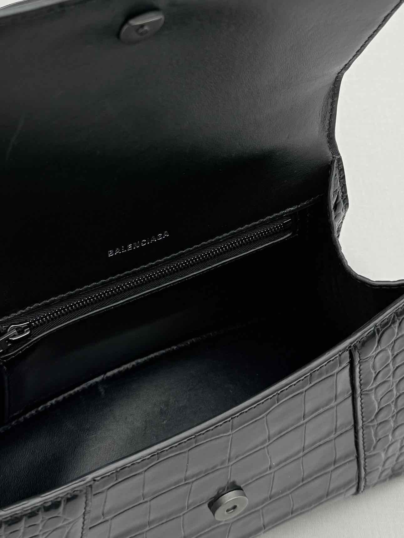 BALENCIAGA Hourglass Black Croc Embossed Top Handle