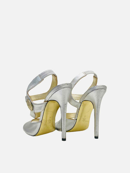 VERSACE Ankle Strap Metallic Silver Heeled Sandals 38