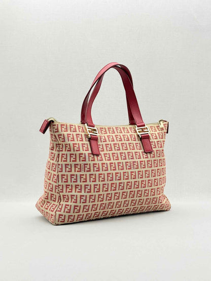 FENDI Shopping Cream & Burgundy Zucchino Tote Bag