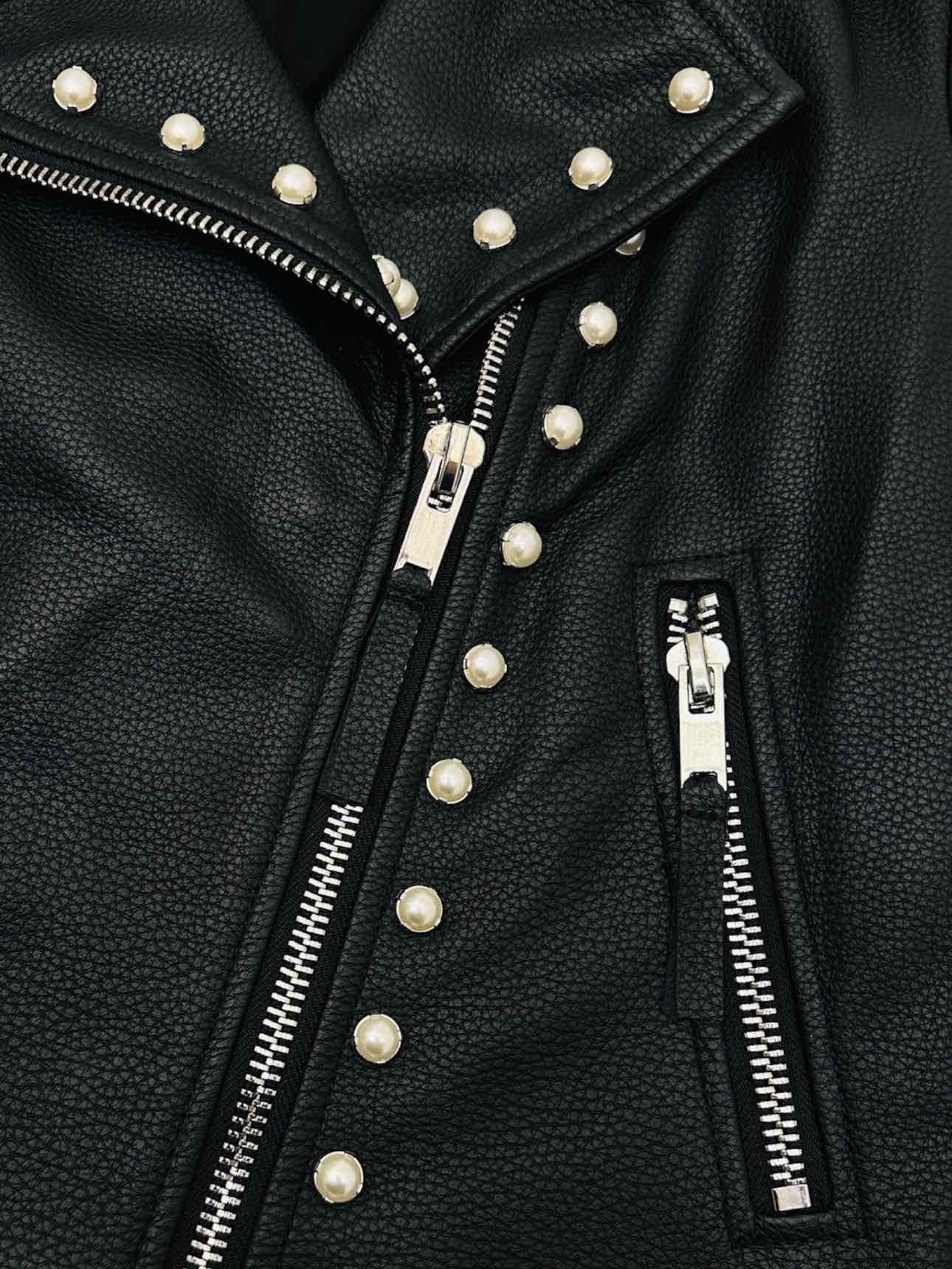 TWIN-SET Leather Black Pearl Embellished Jacket