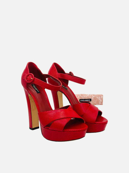 DOLCE & GABBANA Red Lizard Embossed Heeled Sandals