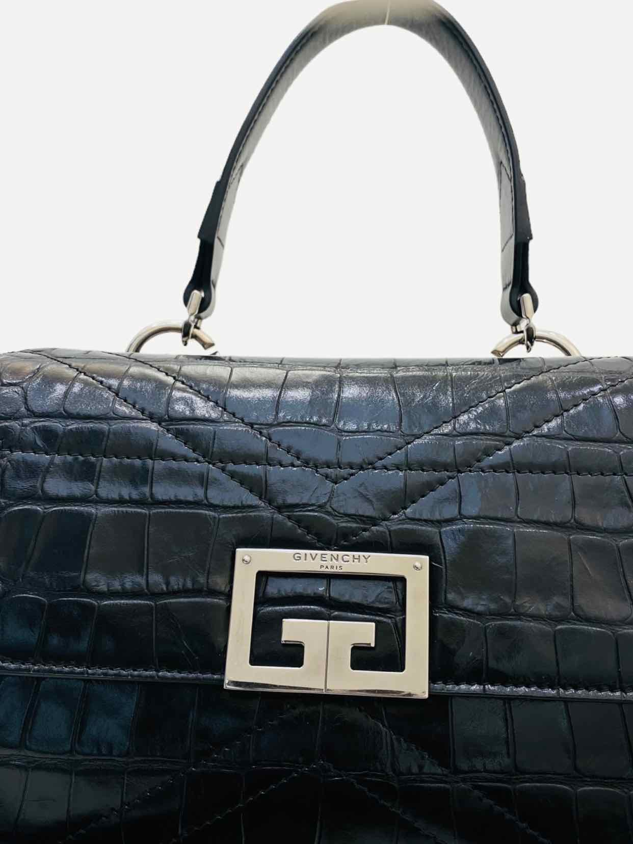 GIVENCHY ID Flap Black Croc Embossed Shoulder Bag