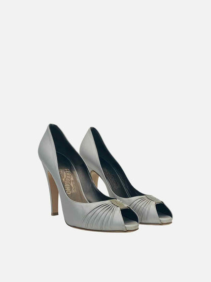 SALVATORE FERRAGAMO Peep Toe Silver Pumps