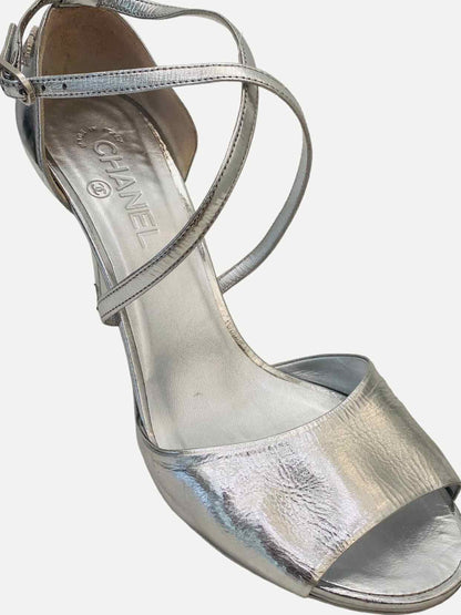 CHANEL Strappy Metallic Silver Heeled Sandals 41