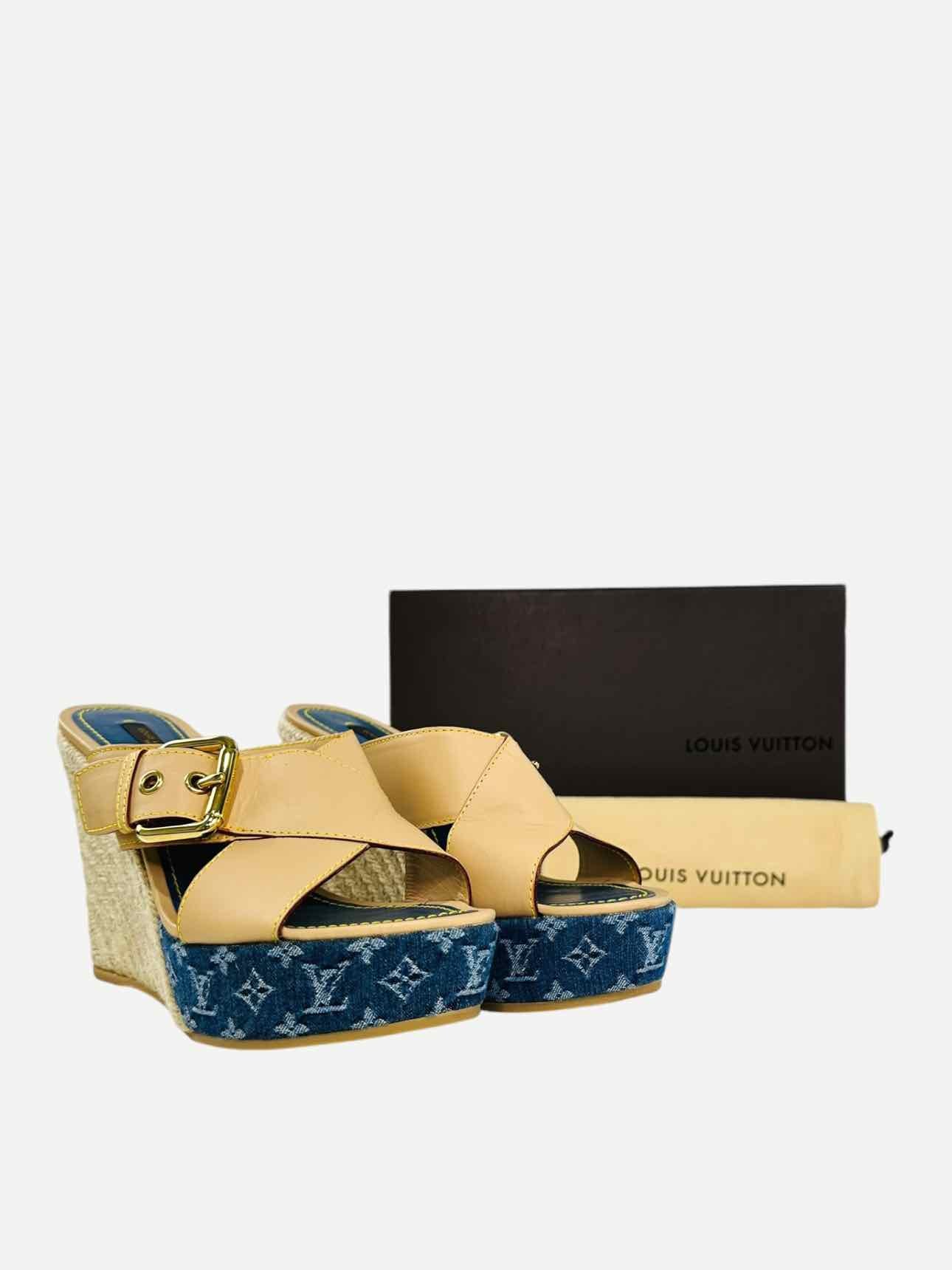 LOUIS VUITTON Espadrille Beige & Blue Monogram Wedges