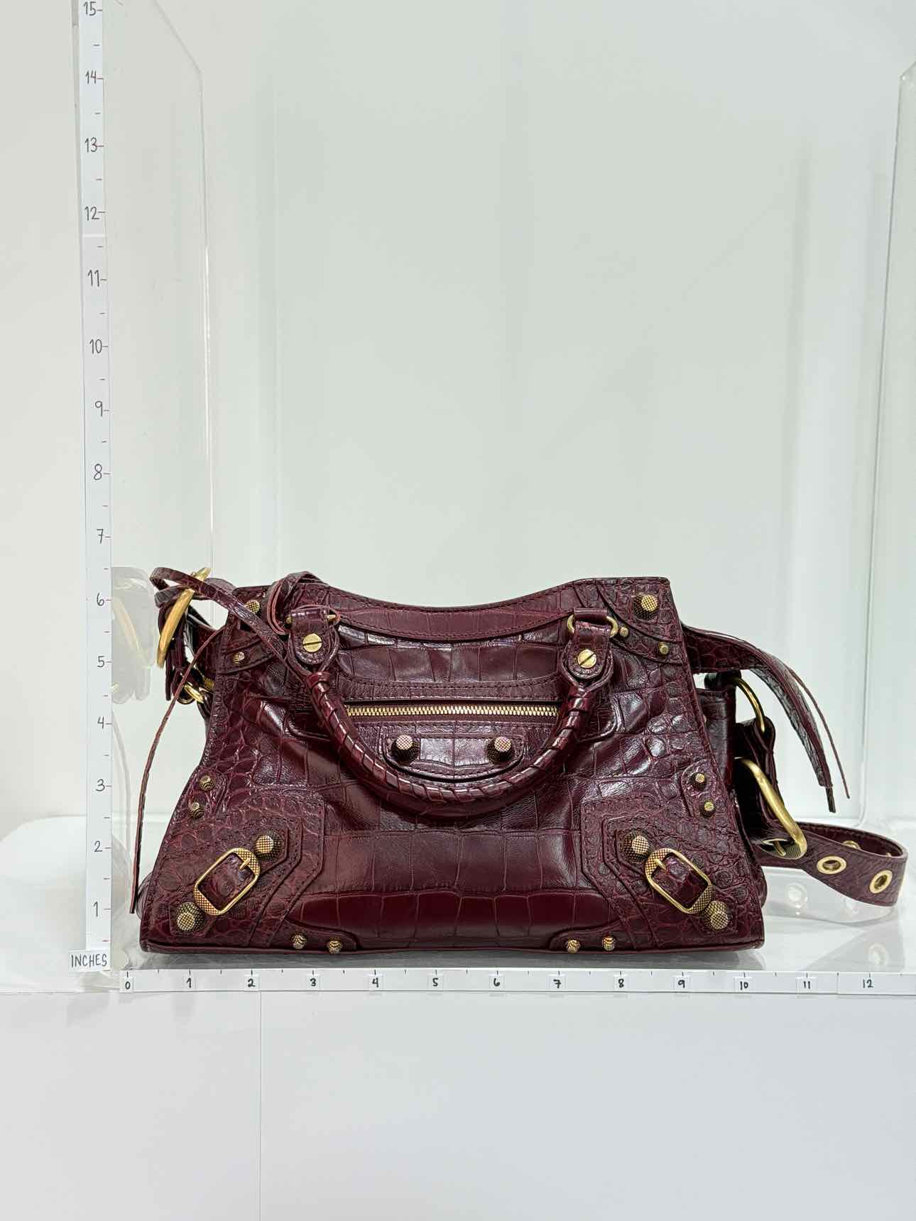 BALENCIAGA Cagole Burgundy Croc Embossed Leather Top Handle