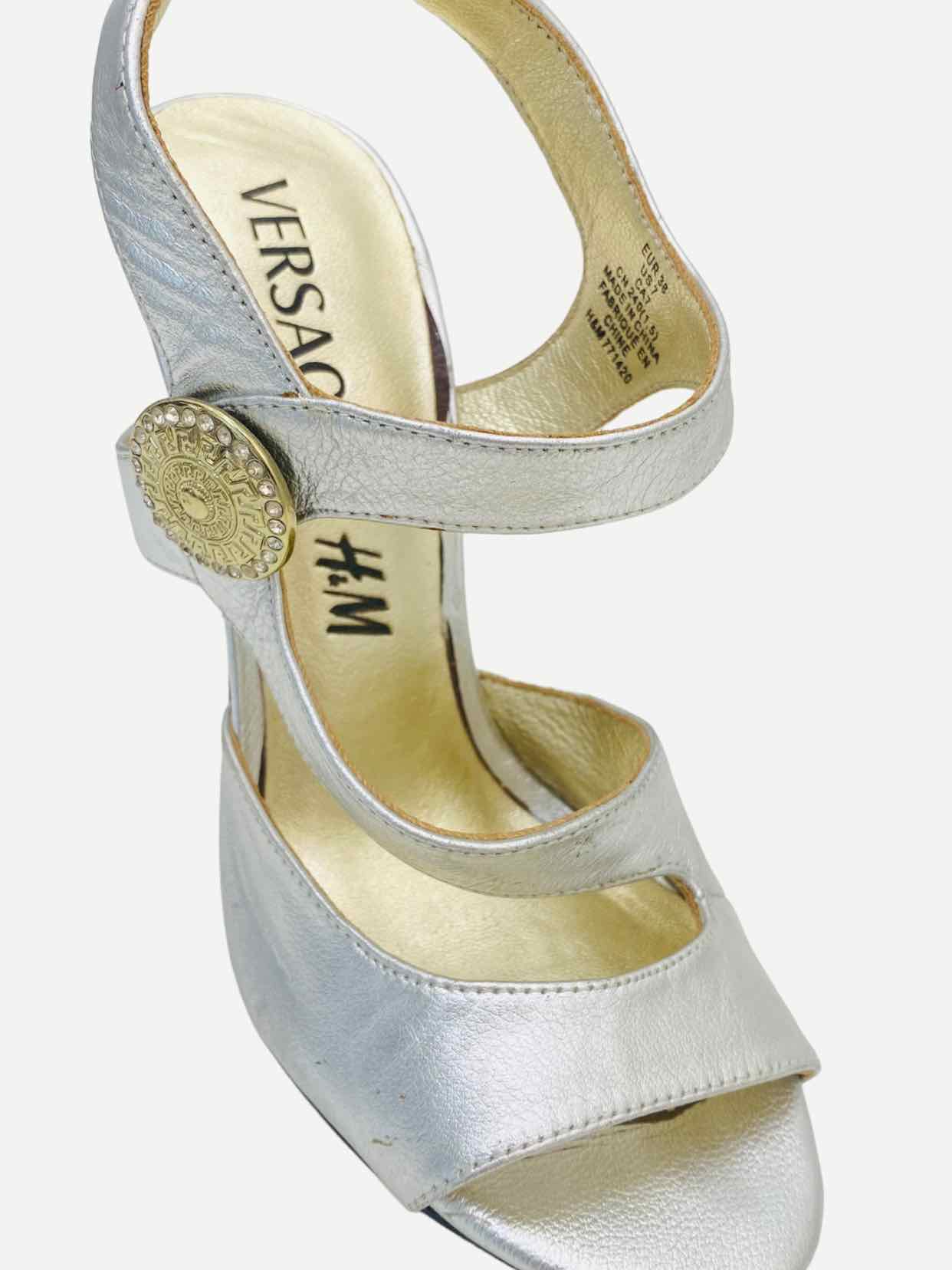 VERSACE Ankle Strap Metallic Silver Heeled Sandals 38